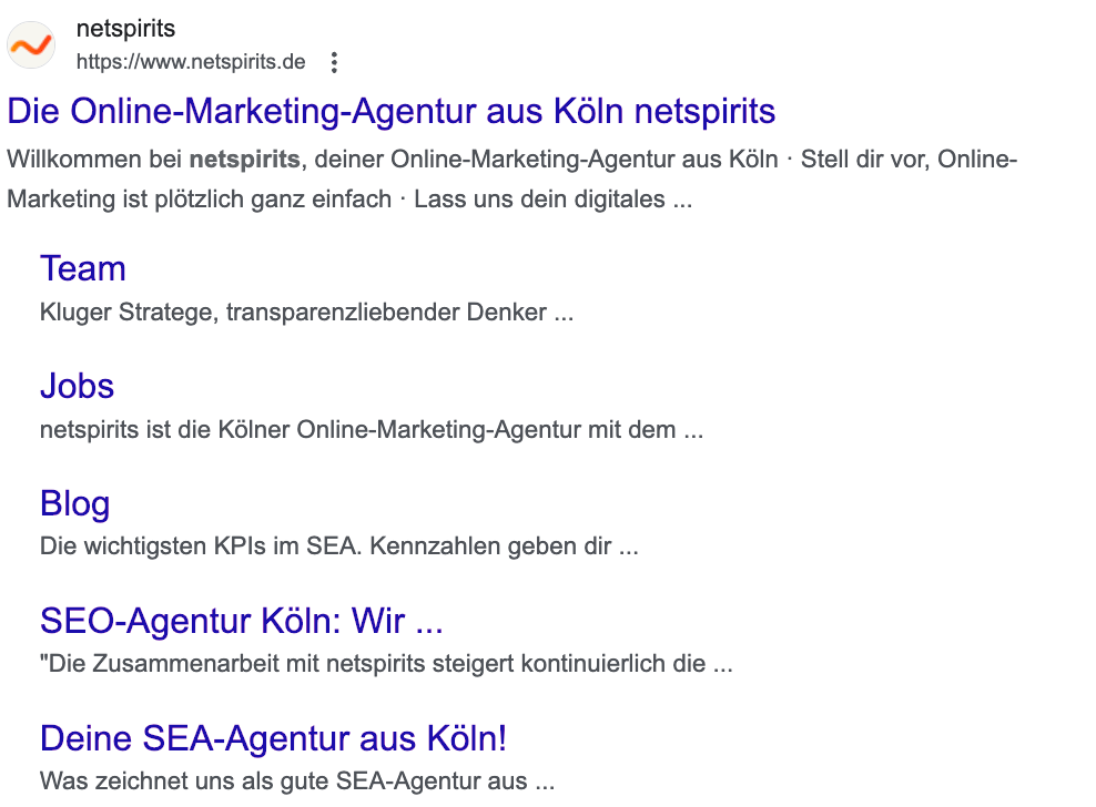 Beispiel von einem Snippet mit Sitelinks