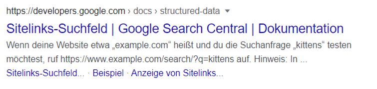 Beispiel einer anderen Vorschau eines Snippets mit Sitelinks