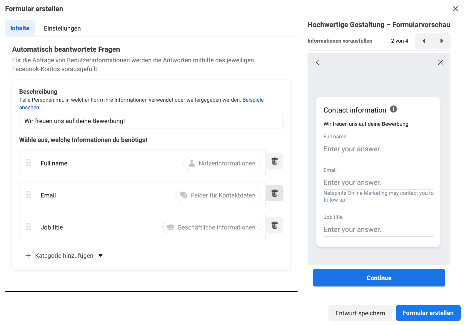 Optionen für Kontaktinformationen bei einem Lead-Formular der HR-Kampagne auf Meta