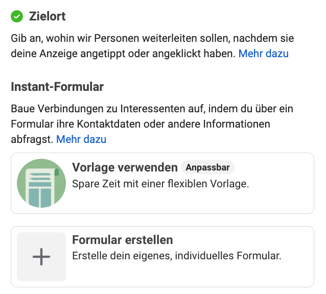 Zielort der Formulare einer HR-Kampagne auf Meta