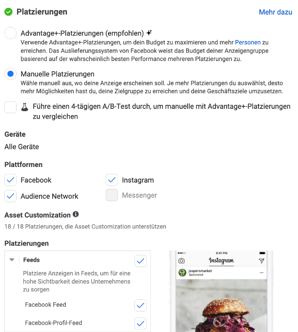 Optionen für die Anzeigenplatzierung bei einer HR-Kampagne auf Meta